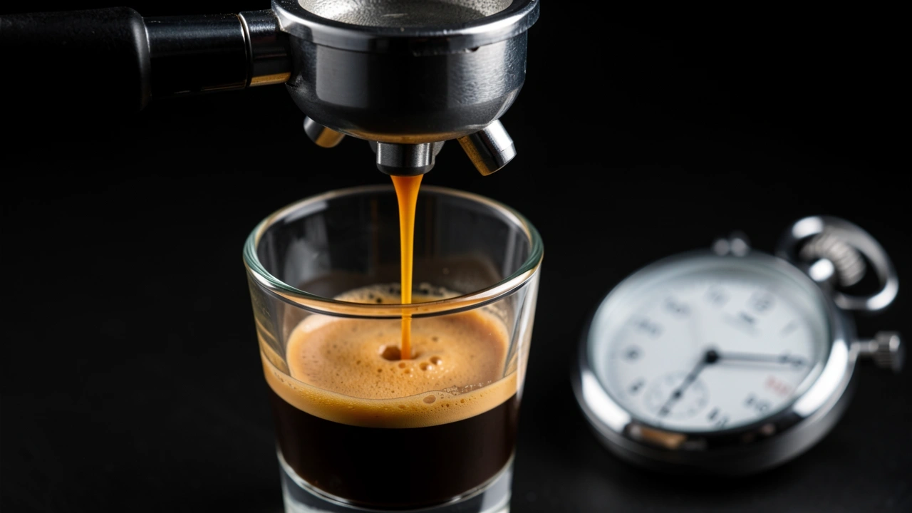 Espresso dripping into shot glass next to out-of-focus stopwatch