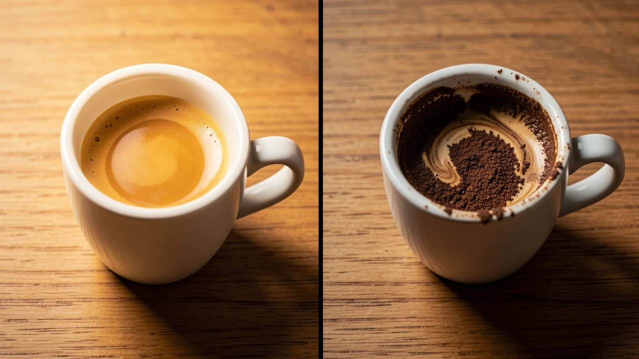 Split comparison of a perfect espresso shot and a failed puck of coffee grounds