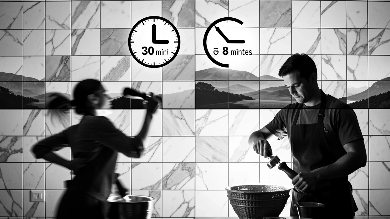 Editorial shot of two baristas tamping contrasting pressure levels with symbolic timing differences