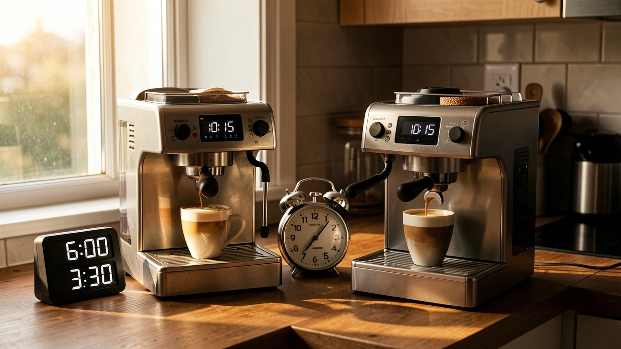 Morning kitchen counter with two espresso machines and timers showing different completion times for a cappuccino.