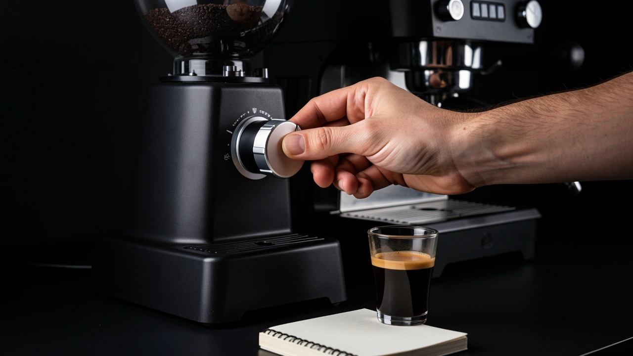 One variable change espresso diagnostic Hand adjusting grinder dial with bottomless portafilter and espresso shot in scene