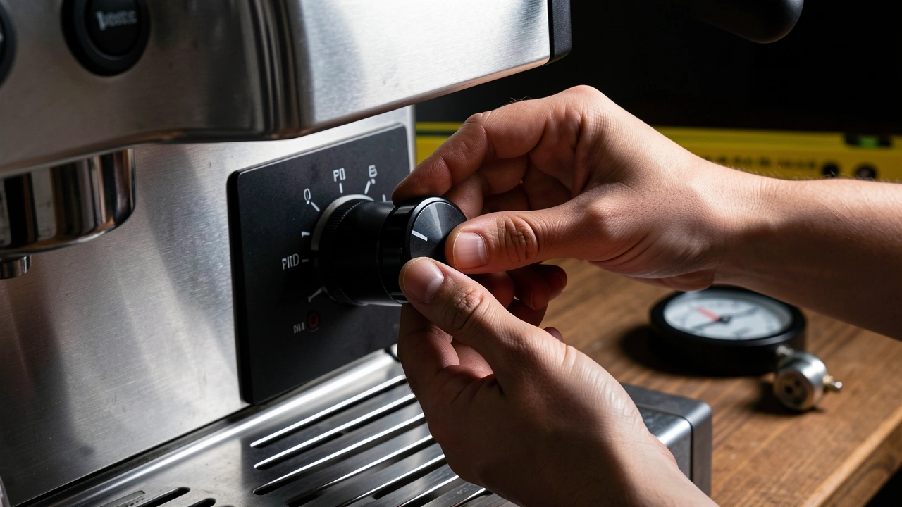 Hands adjusting espresso machine PID knob with spirit level and altimeter in background
