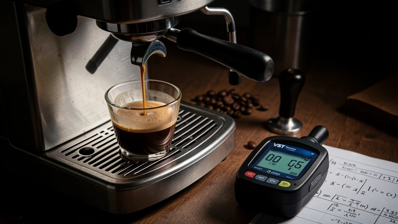 Espresso flowing and refractometer measuring extraction yield