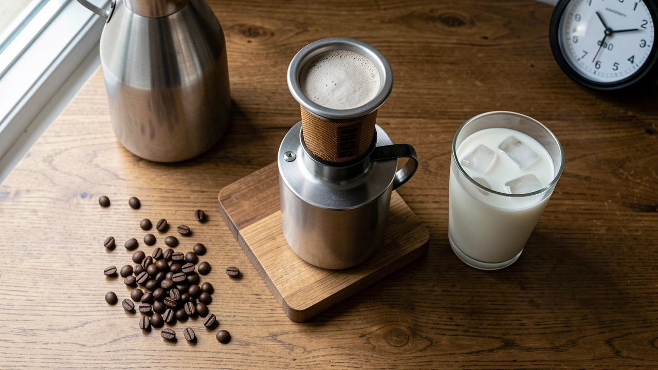 Home iced latte Aeropress setup Overhead home setup Aeropress chilled cup milk glass iced latte process