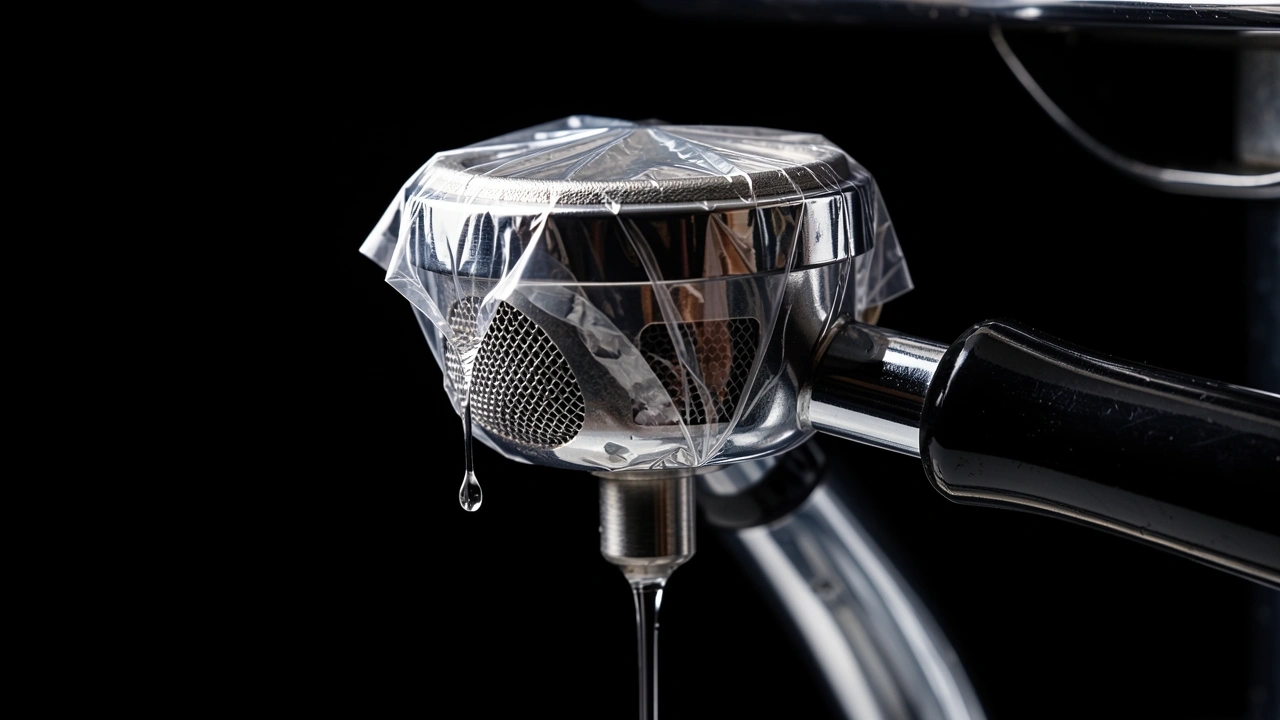 Portafilter with regular basket covered in plastic wrap as makeshift blind basket for backflush