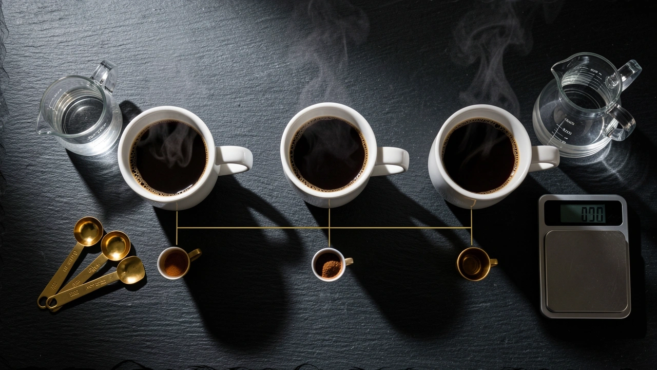 Americano Ratio Guide Three coffee mugs with espresso and water arranged by ratio size
