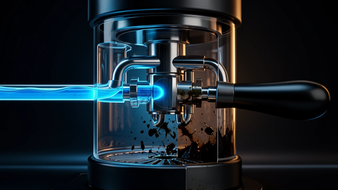 Conceptual cross-section of espresso machine group head with reverse flow through three-way valve cleaning oils