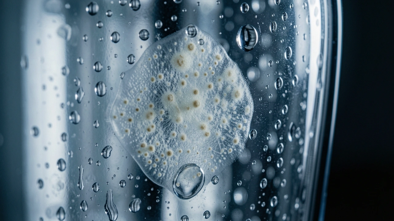 Macro view of bacterial biofilm on plastic reservoir wall inside coffee machine