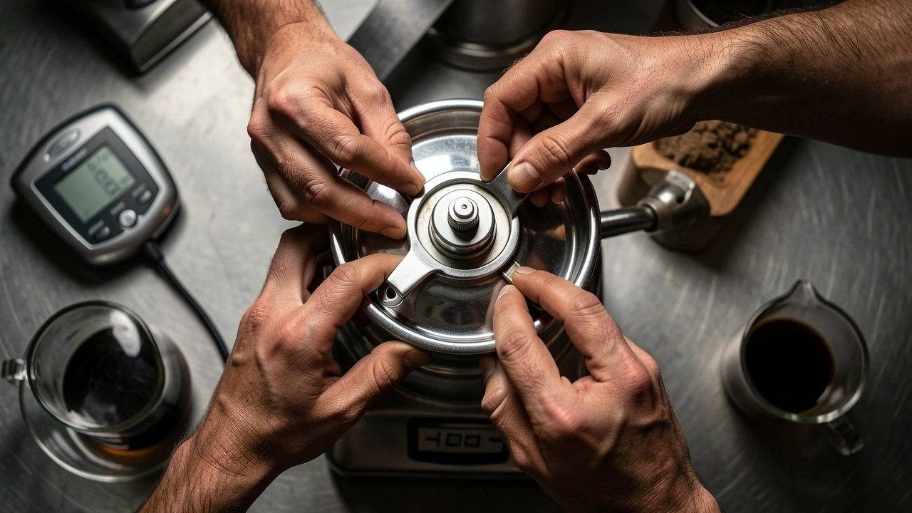 Hands Adjusting Stepless Grinder for Espresso Barista hands adjusting stepless grinder collar with timer and espresso shot nearby.