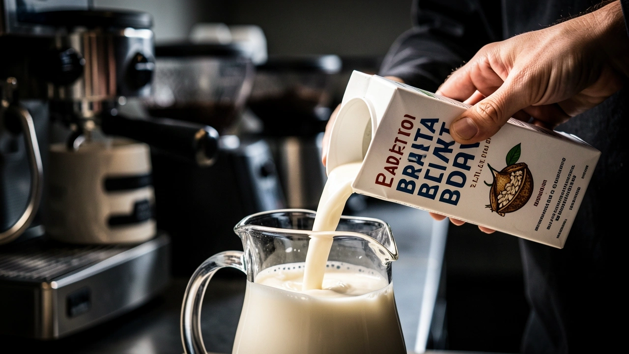Barista pouring barista edition oat milk into pitcher