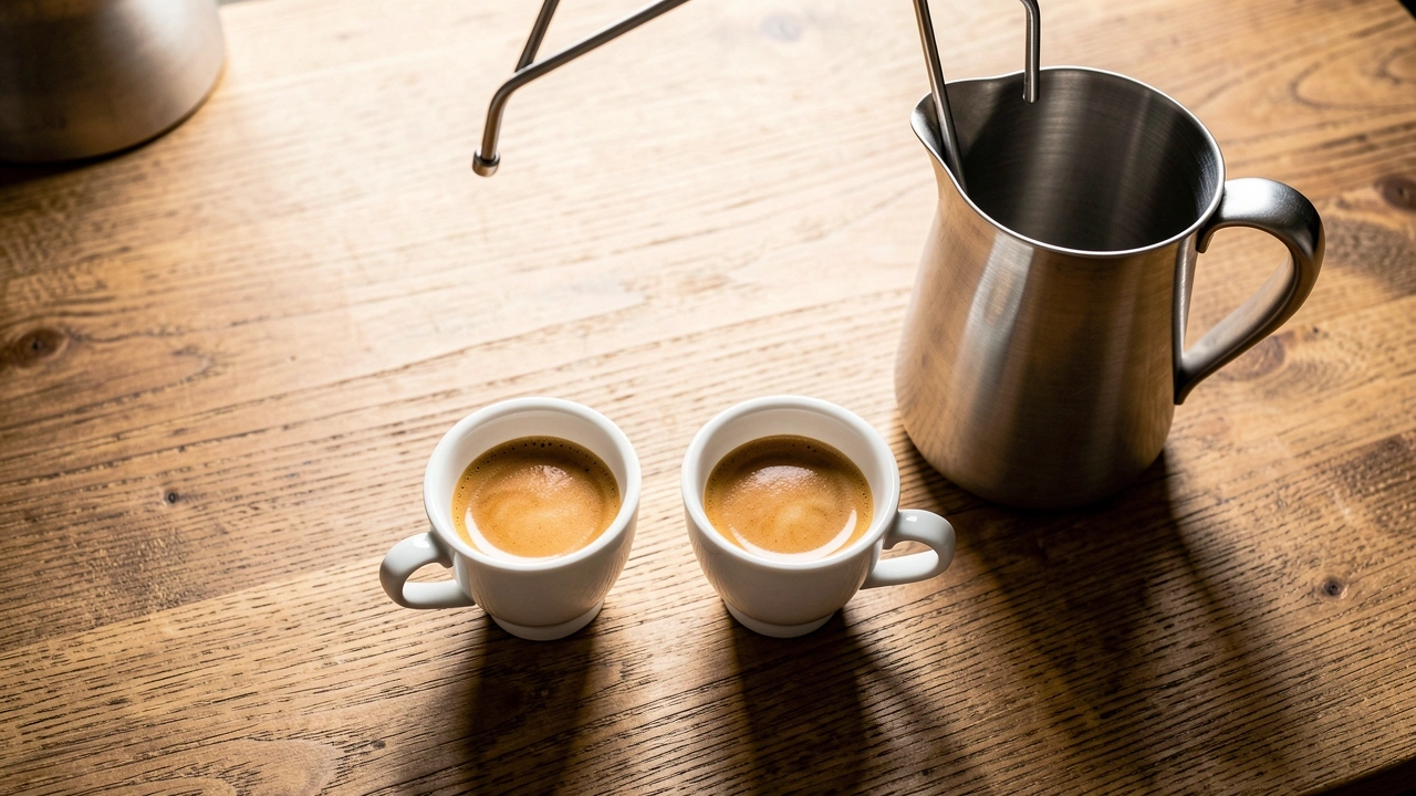 Two espresso shots waiting to be steamed together, with milk pitcher aside