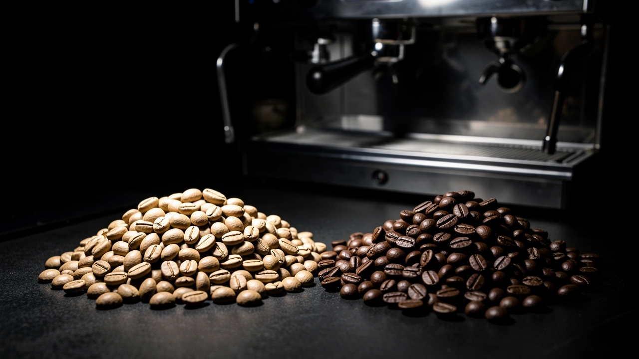 Overhead of light and dark roast coffee beans with blurred machine behind
