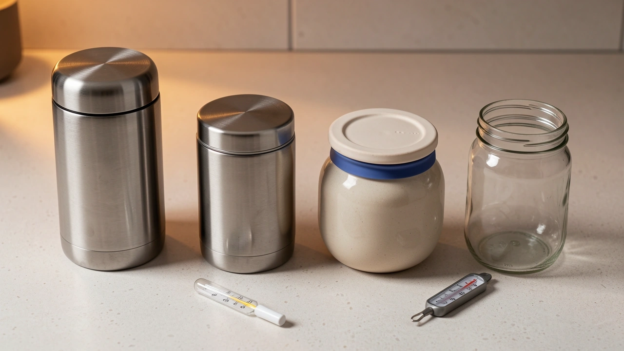 Container Comparison for Heat Resistance Flat lay comparison of four bean containers including double-walled steel, ceramic, glass, and vacuum-sealed