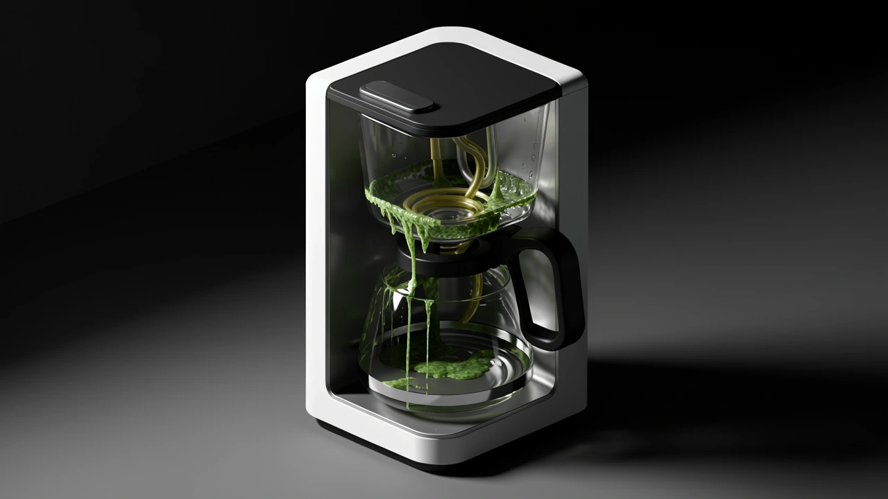 Cutaway illustration of coffee maker showing biofilm inside