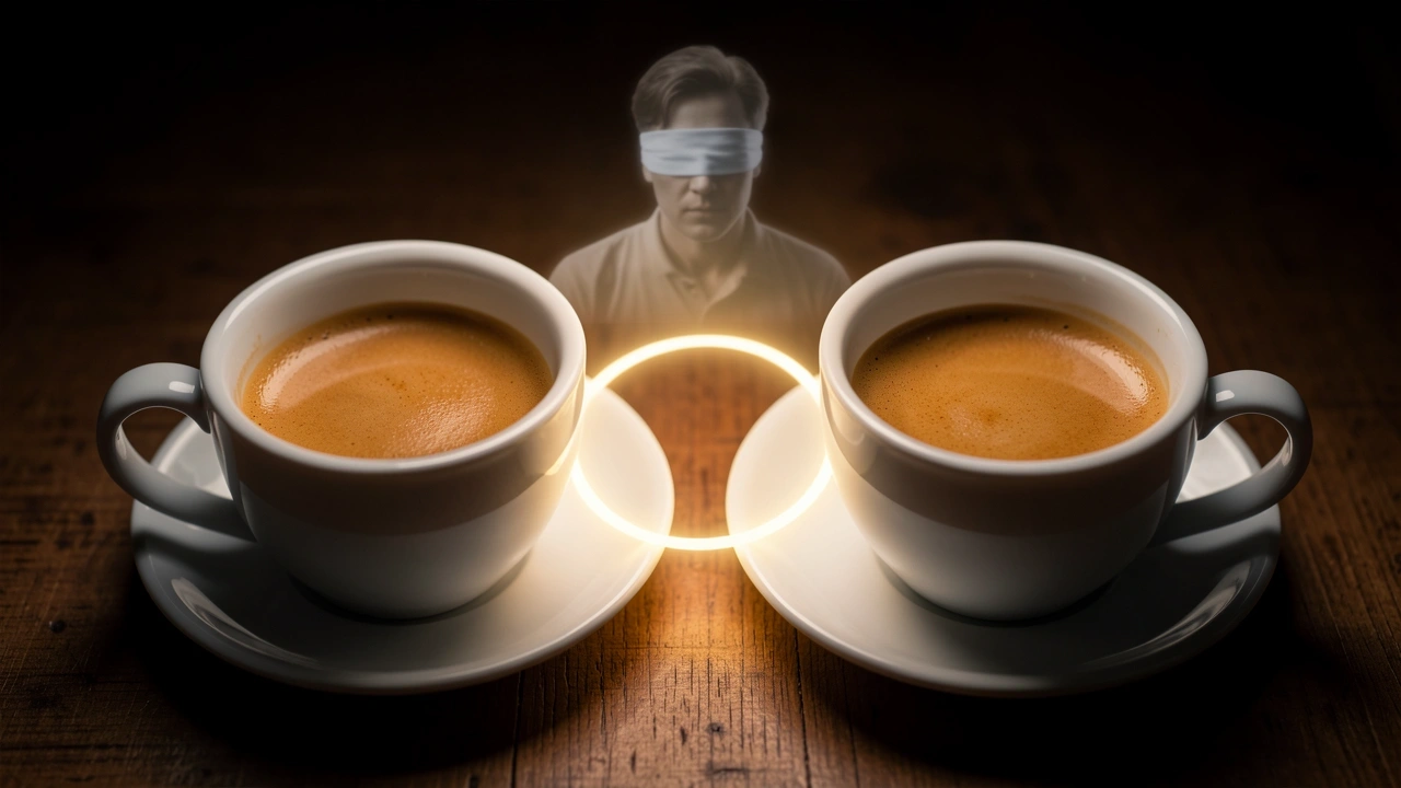 Two espresso shots side by side with blindfolded observer silhouette