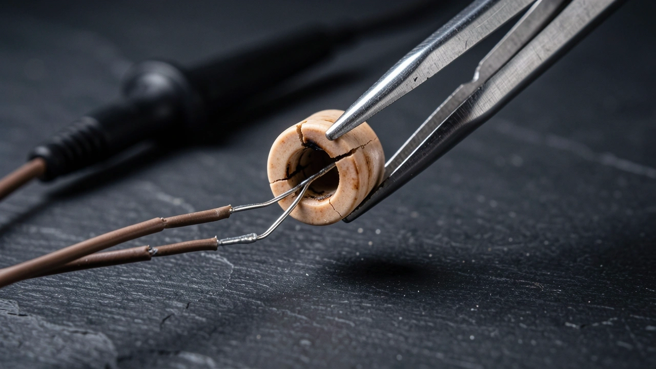 Blown Thermal Fuse Coffee Maker Macro shot of a blown thermal fuse held by tweezers with broken internal wire and wires attached.