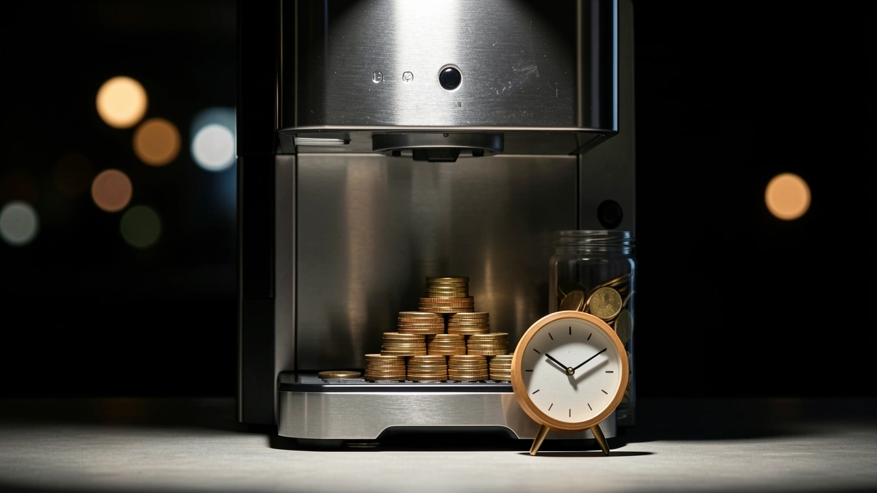 Office coffee machine with a jar of coins and a clock symbolizing payback and investment return