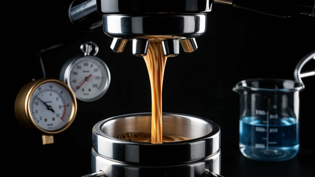 Limitations of bottomless portafilter diagnostics Perfect espresso stream from bottomless portafilter with thermometer and pressure gauge in background