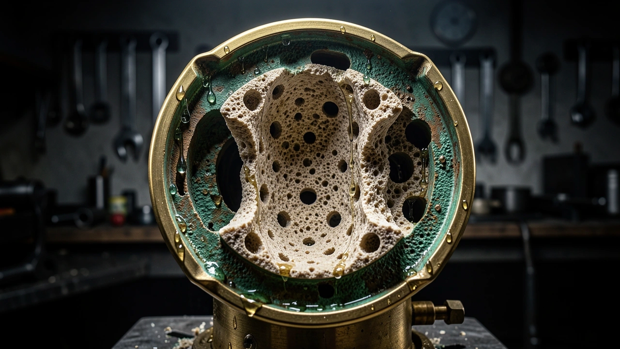 Cutaway brass espresso boiler with porous spongy interior damaged by dezincification from pure water.