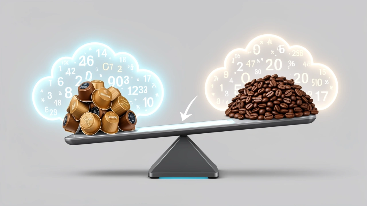 Digital scale balancing capsules and beans with data clouds symbolizing break-even