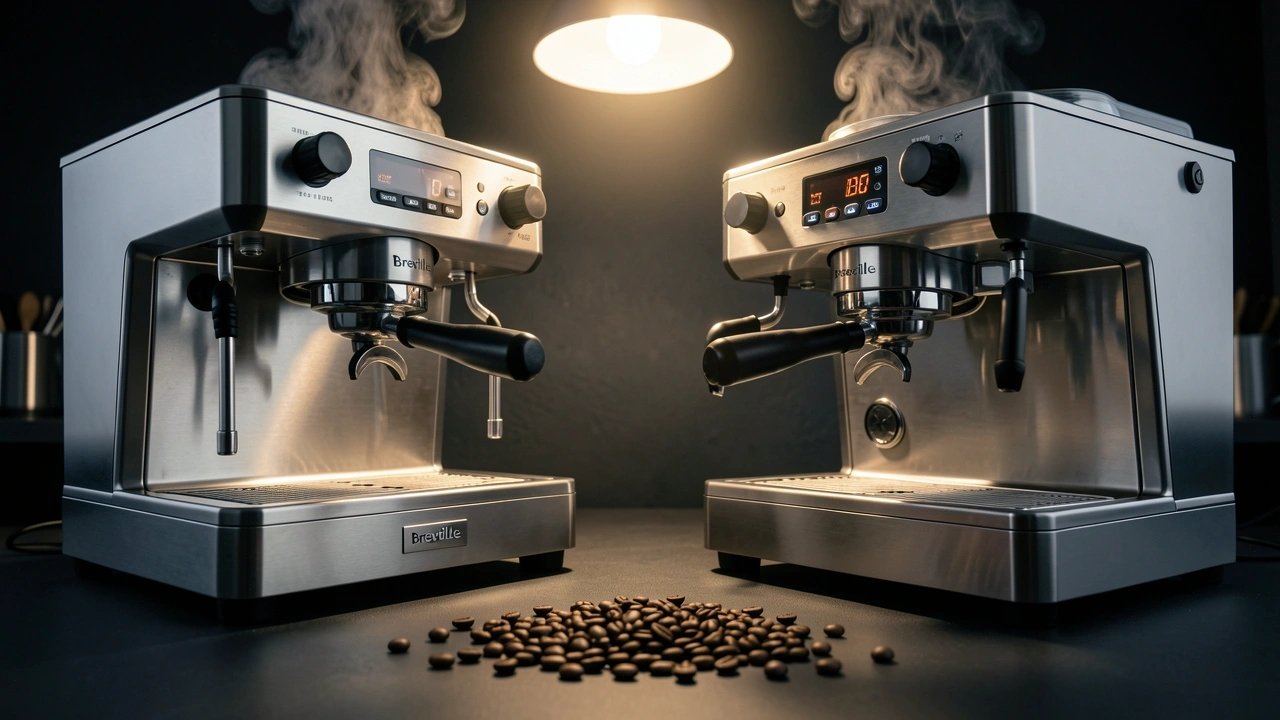 Cinematic low-angle shot of a Breville 54mm and Rocket E61 58mm espresso machine