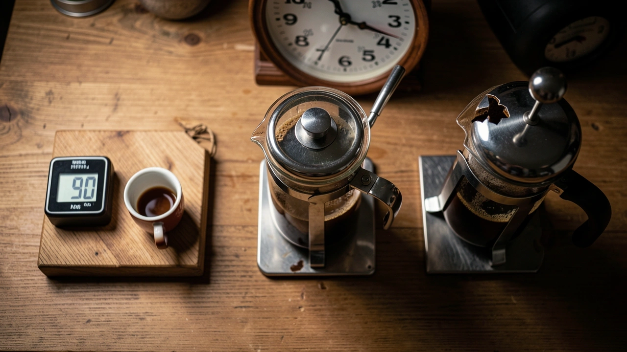 Morning Coffee Speed Constraints Three coffee brewing setups with timers representing morning speed constraints: clock minutes, limited attention, and interruptions.