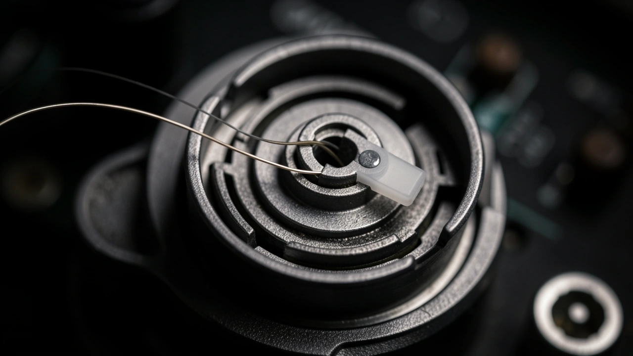 Close-up of fragile ribbon cable and plastic tab inside built-in espresso grinder burr carrier