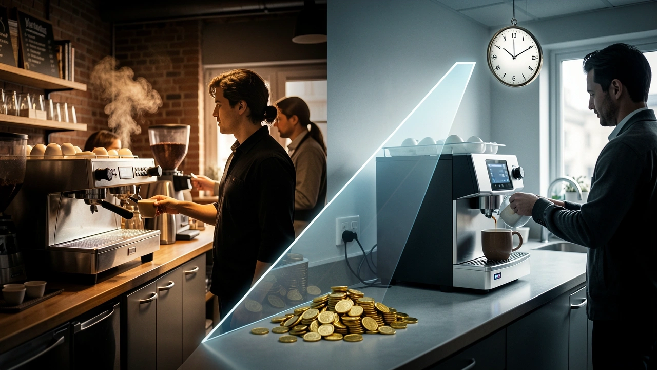 Split scene of busy café and quiet office breakroom with a scale tilting toward office savings