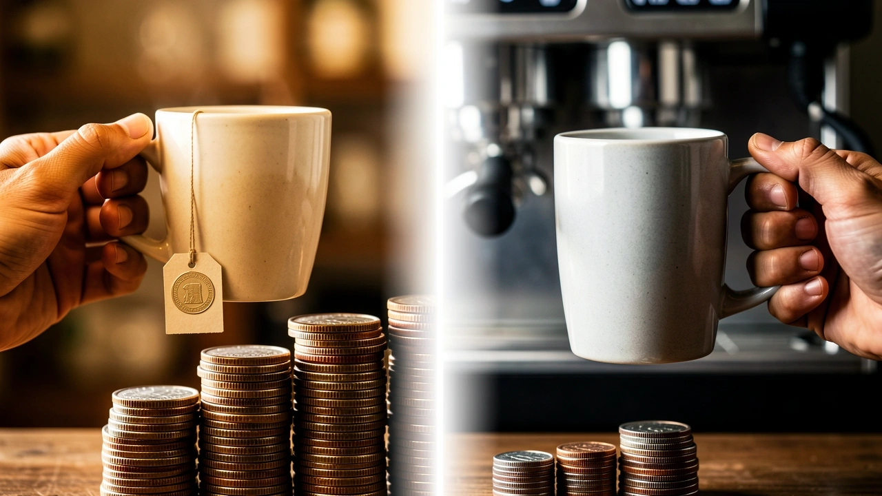 Side-by-side comparison of a café cup with tall coin stacks and office mug with short coin stacks