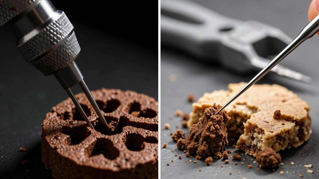 Macro shot of thick vs thin WDT needles interacting with coffee grounds.