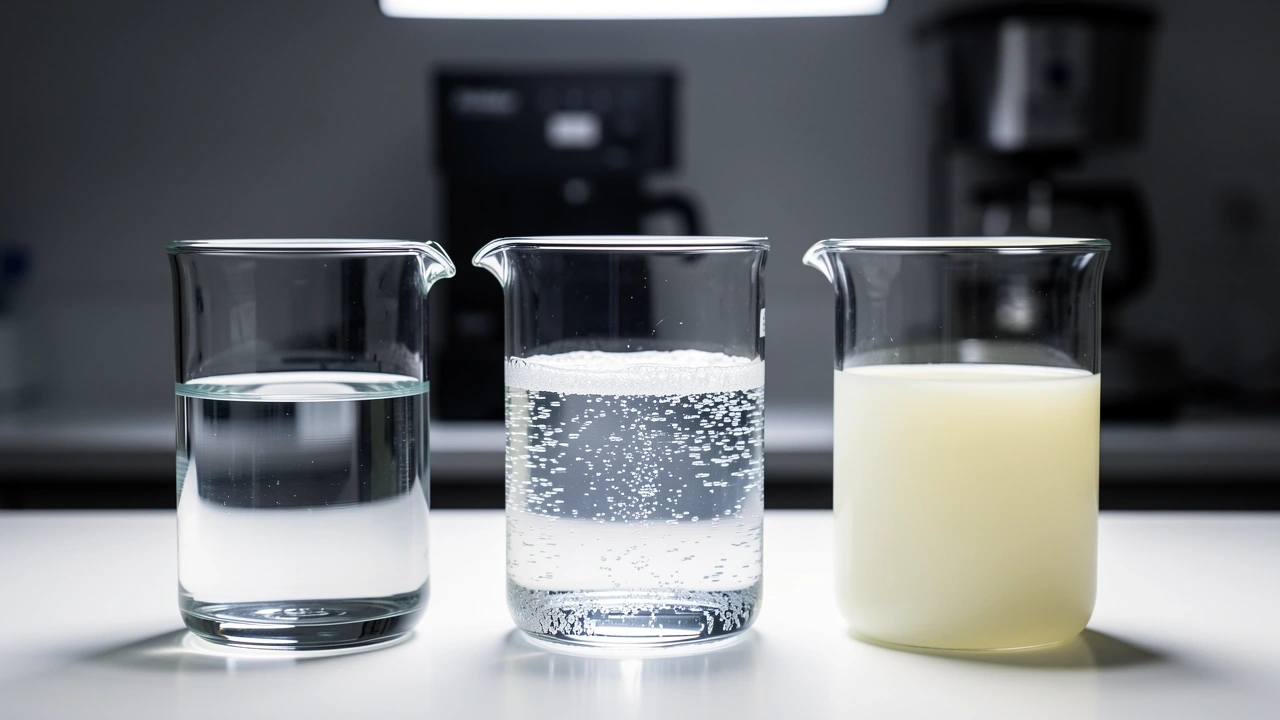 Three beakers of vinegar hydrogen peroxide and bleach for coffee maker cleaning