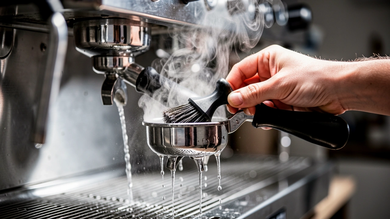 First Step – Cleaning the Portafilter Basket Hand scrubbing portafilter basket with brush under hot water to remove instant coffee residue.