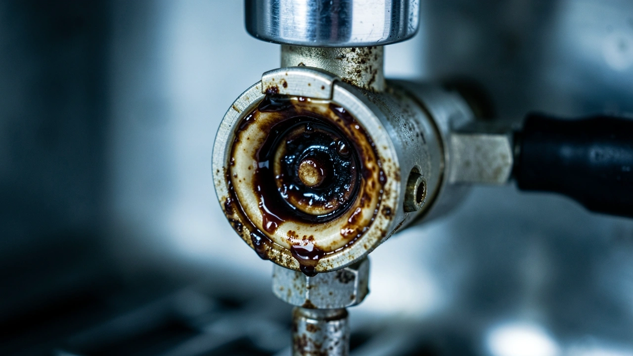 Inside the Machine – Instant Coffee Residue Damage Close-up of a clogged solenoid valve inside an espresso machine, coated with sticky instant coffee residue.