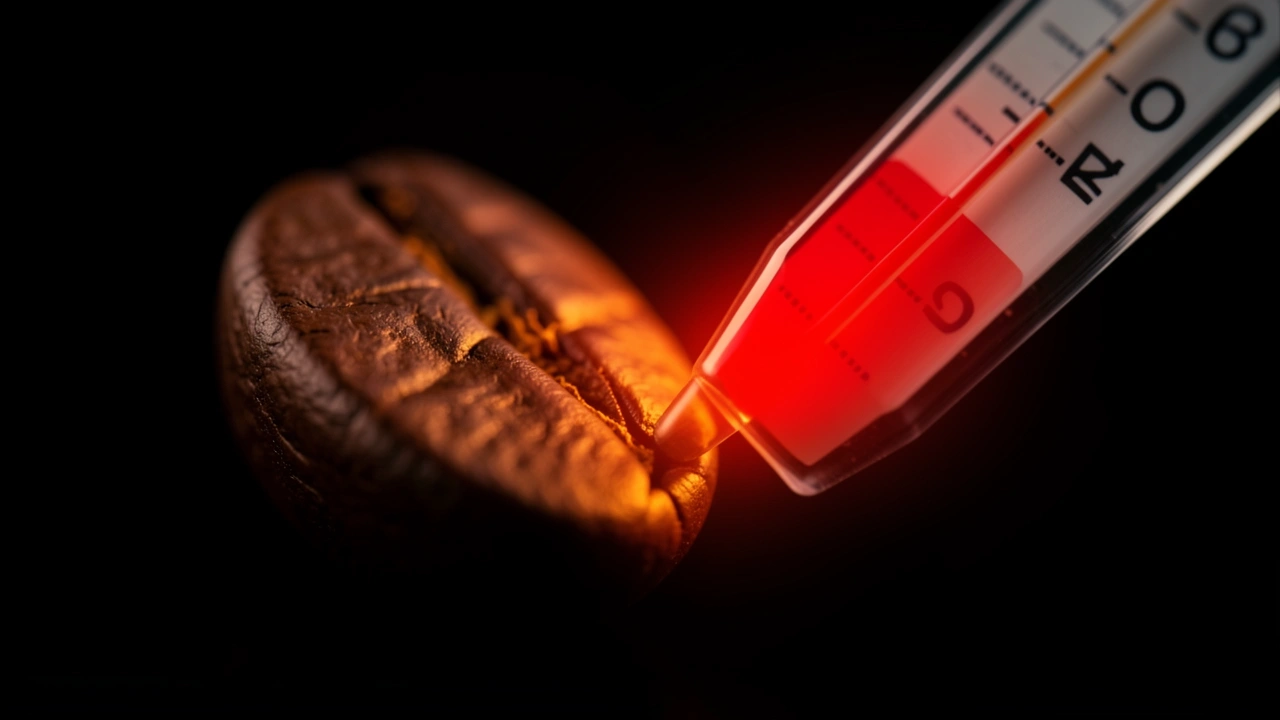 Macro shot of a coffee bean warming near a thermometer showing heat damage