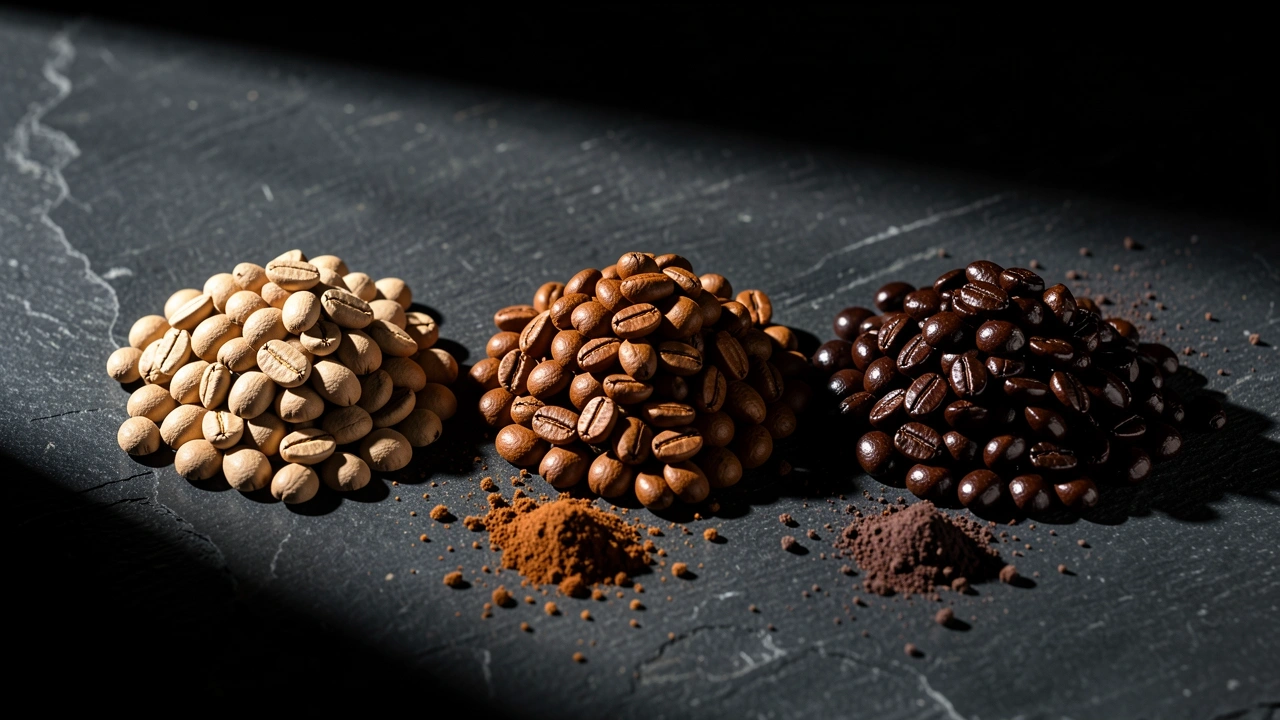 Three piles of light, medium, and dark roast coffee beans on a stone surface