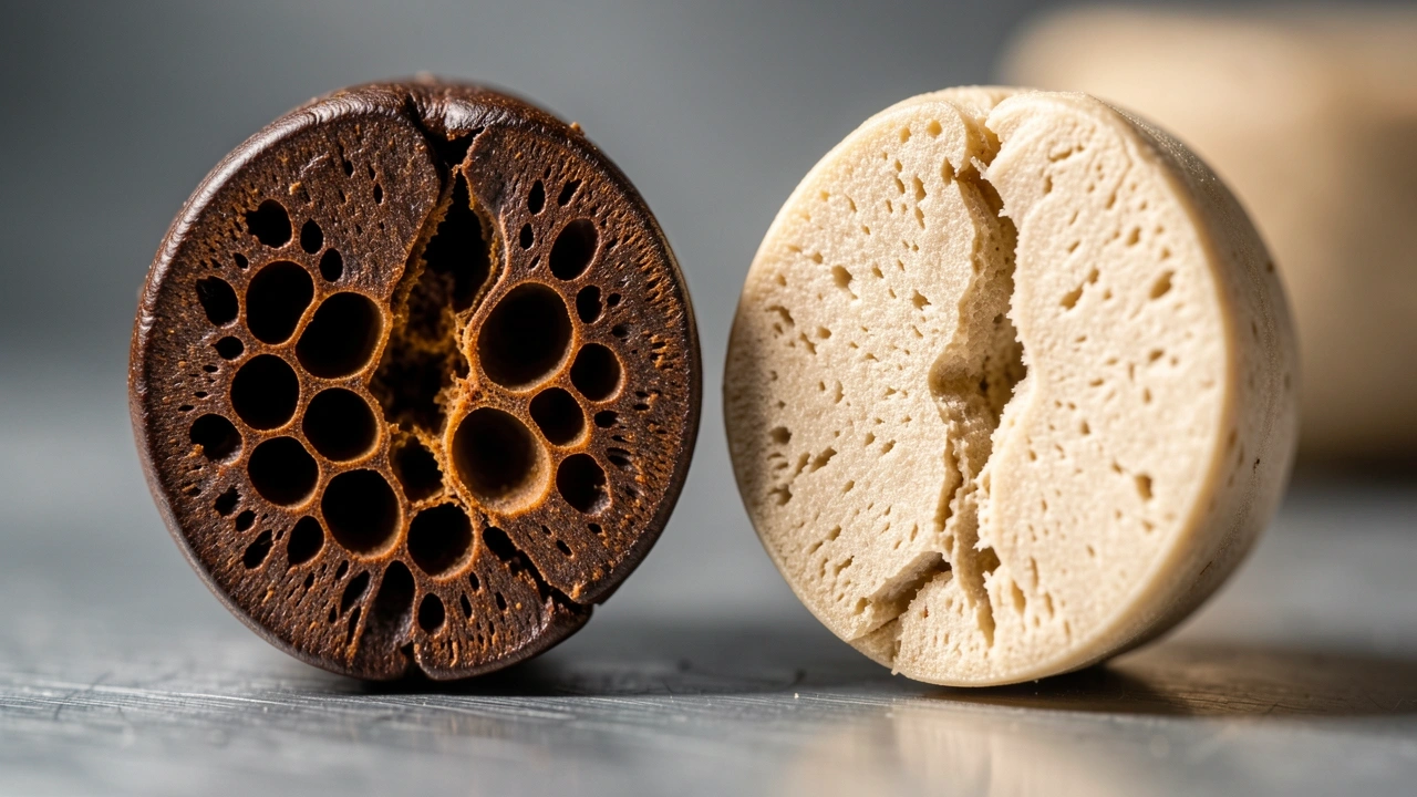 Macro cross-section of dark roast porous bean structure next to dense light roast bean structure