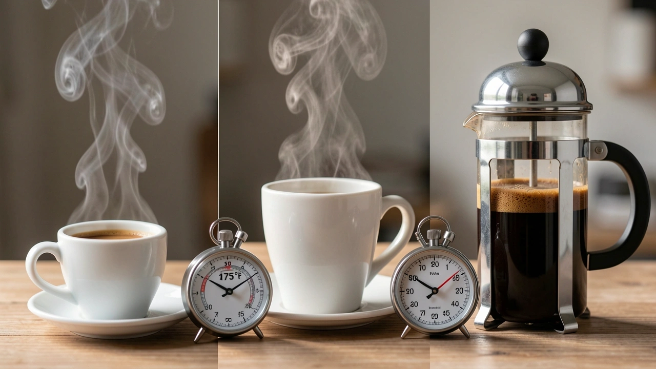 Coffee Temperature Tradeoff Comparison Three coffee brewing setups with thermometers showing different temperatures: 175°F espresso, 200°F drip, and 190°F French press.