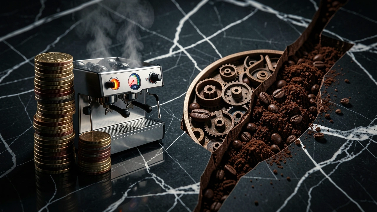 Split image showing coins, espresso machine on one side and grinder burrs on the other