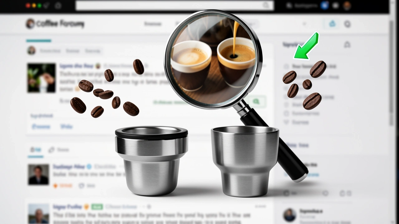 Conceptual image of portafilter baskets on a coffee forum background with magnifying glass