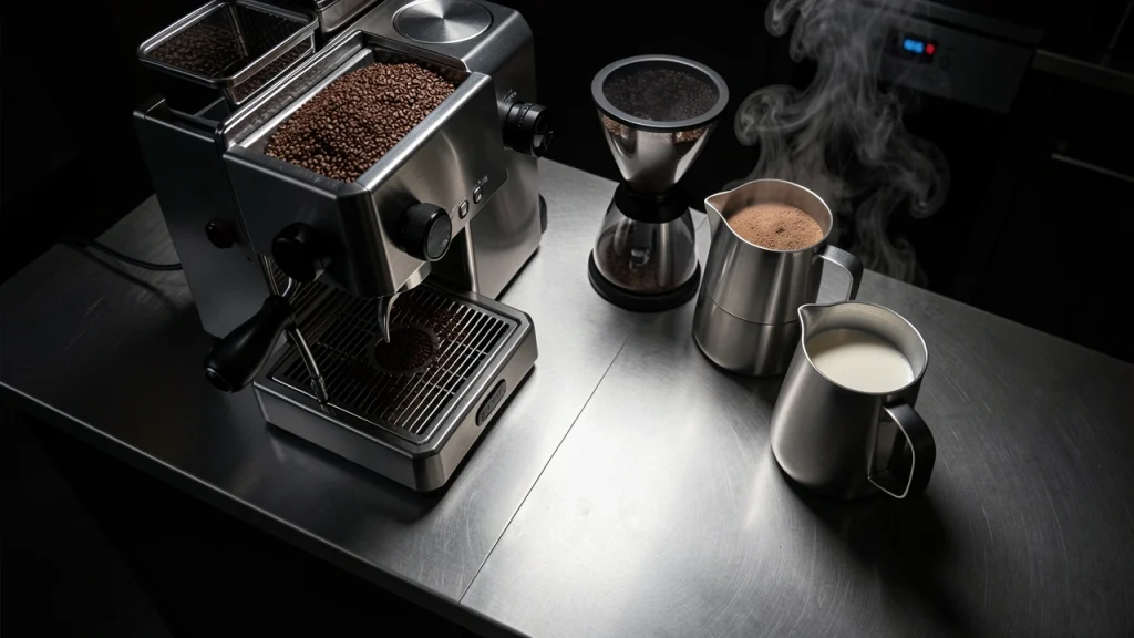 Overhead view of compact espresso machine, grinder, and tools on a kiosk counter, lit with dramatic editorial lighting.