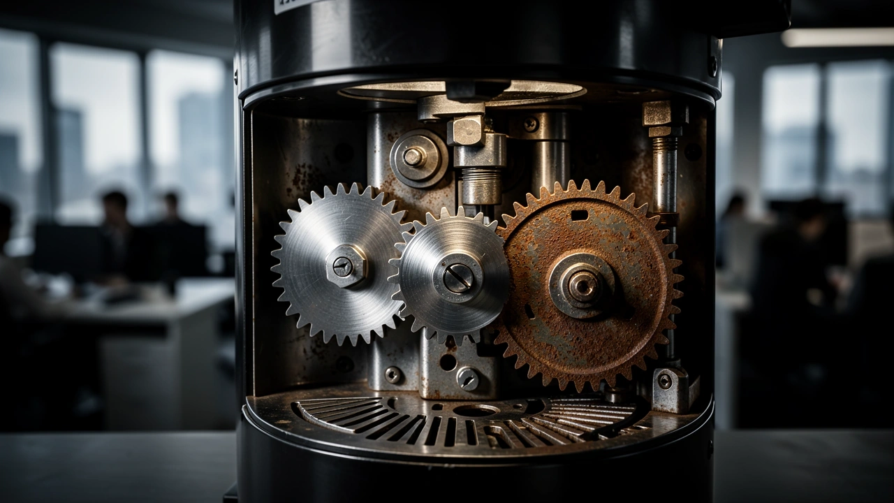 Close-up of clean and worn gears inside a coffee machine symbolizing maintenance decisions.