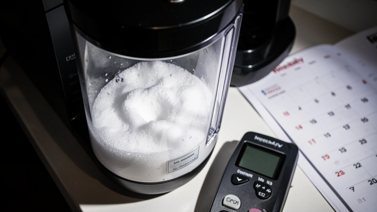 Macro shot of limescale in a coffee water tank with a weekly schedule calendar in background.