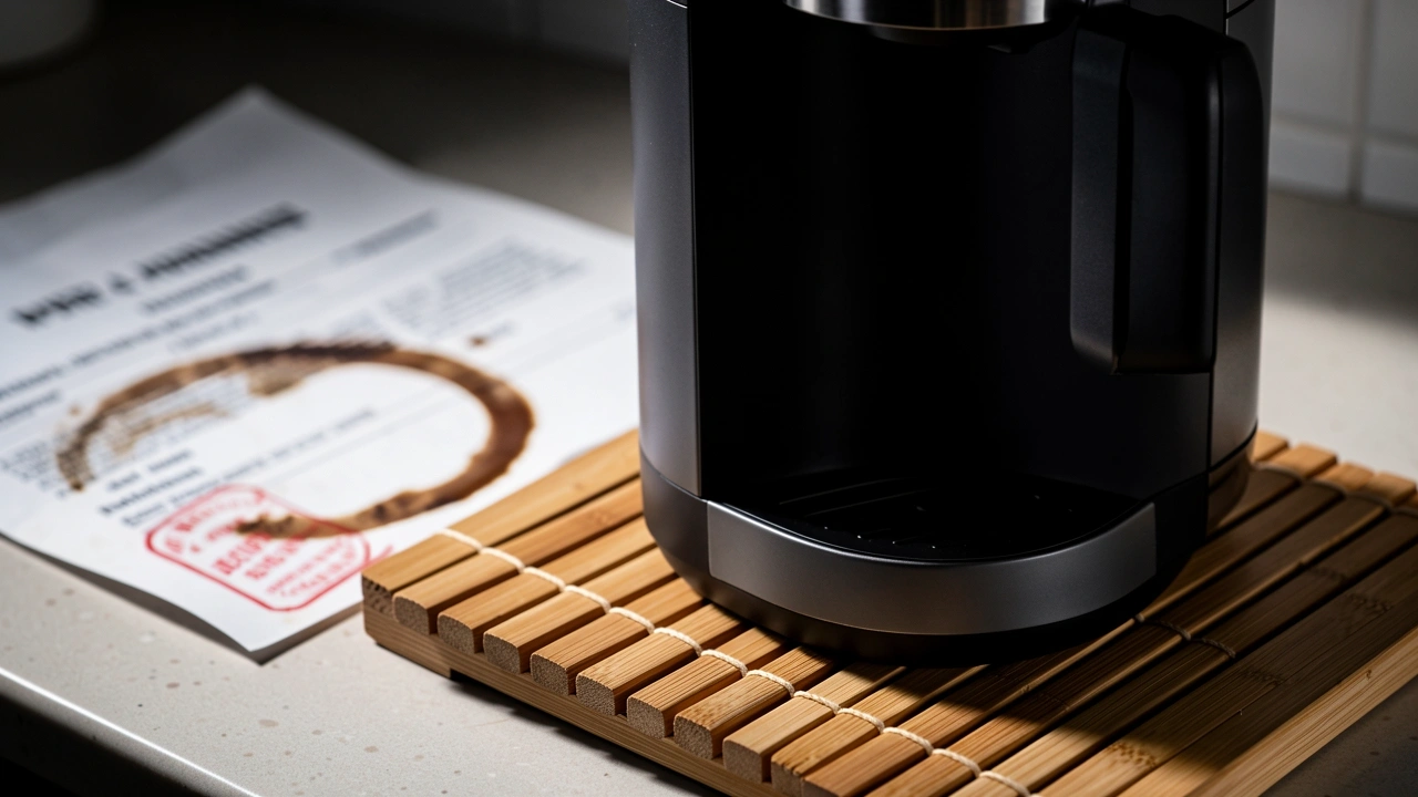 Sleek coffee maker on bamboo trivet with blurred lease document in background, suggesting rental modification rules