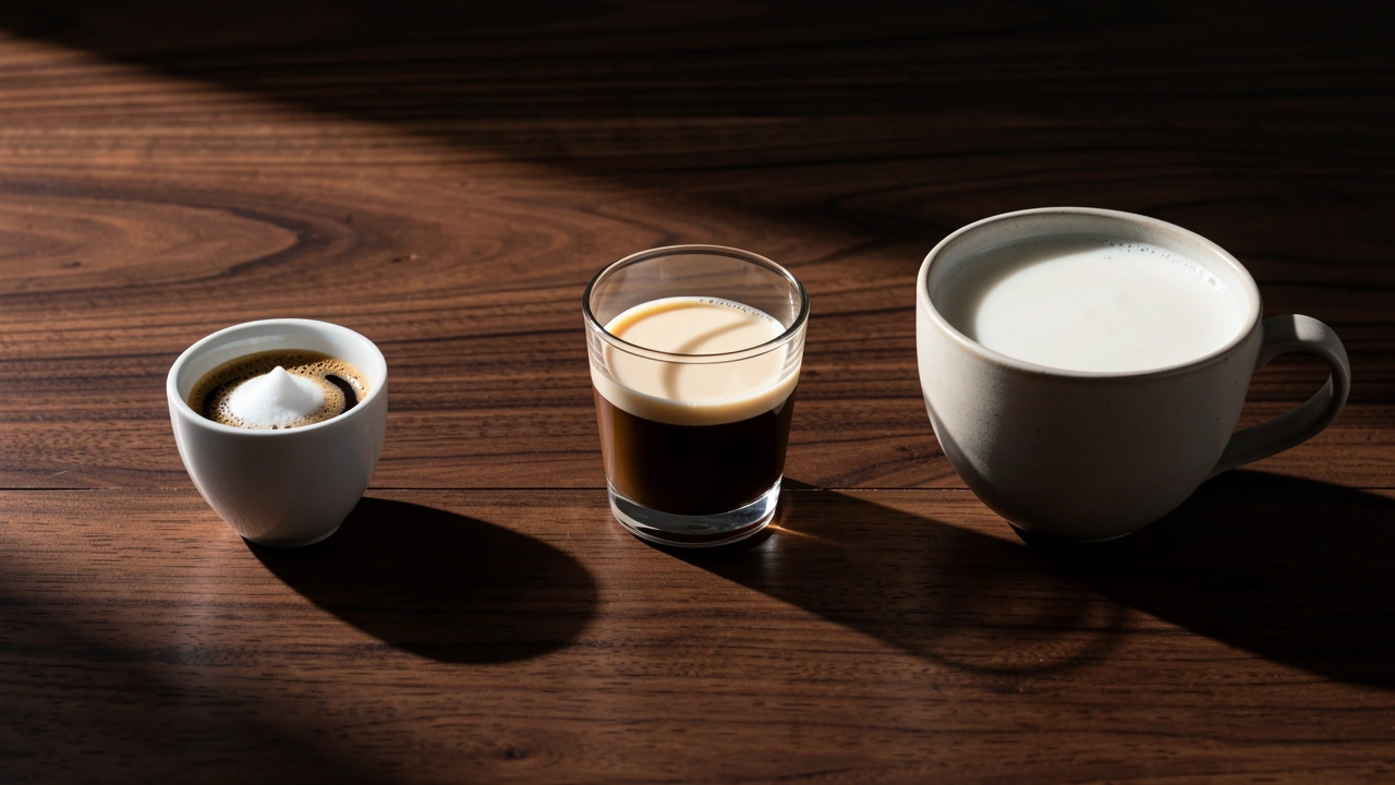 Three coffee cups arranged along a line from macchiato to cortado to flat white