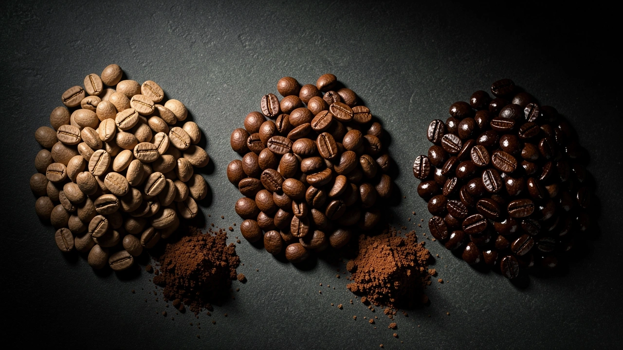 Three piles of light, medium, and dark roast beans with corresponding ground coffee showing texture differences