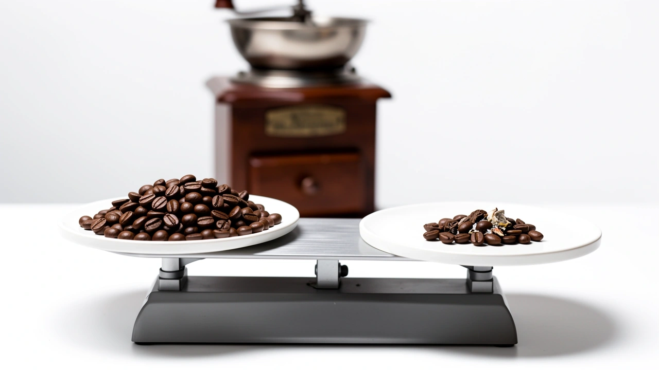 Coffee Waste Comparison Grinder Precision Scale with two piles of coffee beans comparing waste from stepped vs stepless grinders.