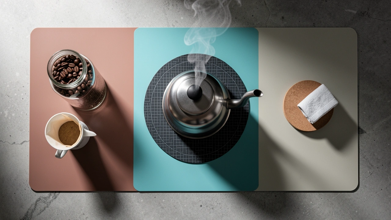 Top-down view of a divided coffee station with three zones: storage, brewing, and consumption, on a small countertop