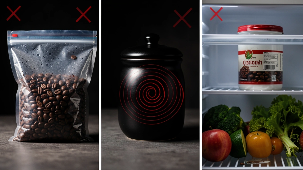 Debunked Coffee Storage Myths Three coffee storage setups: freezer with condensation, black ceramic canister, fridge with vegetables, each with red X
