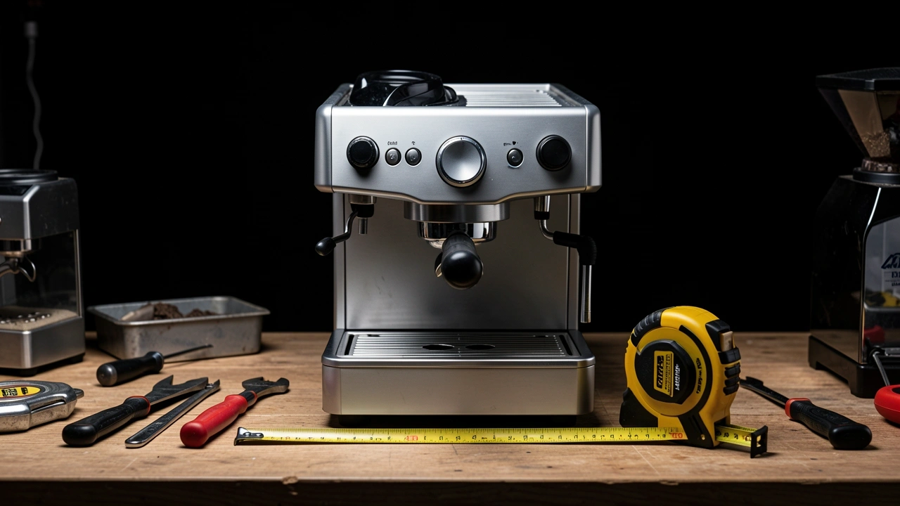 Compact Espresso Machine Kiosk Footprint Frontal shot of a small single-group espresso machine on a kiosk counter with tape measure showing compact width.