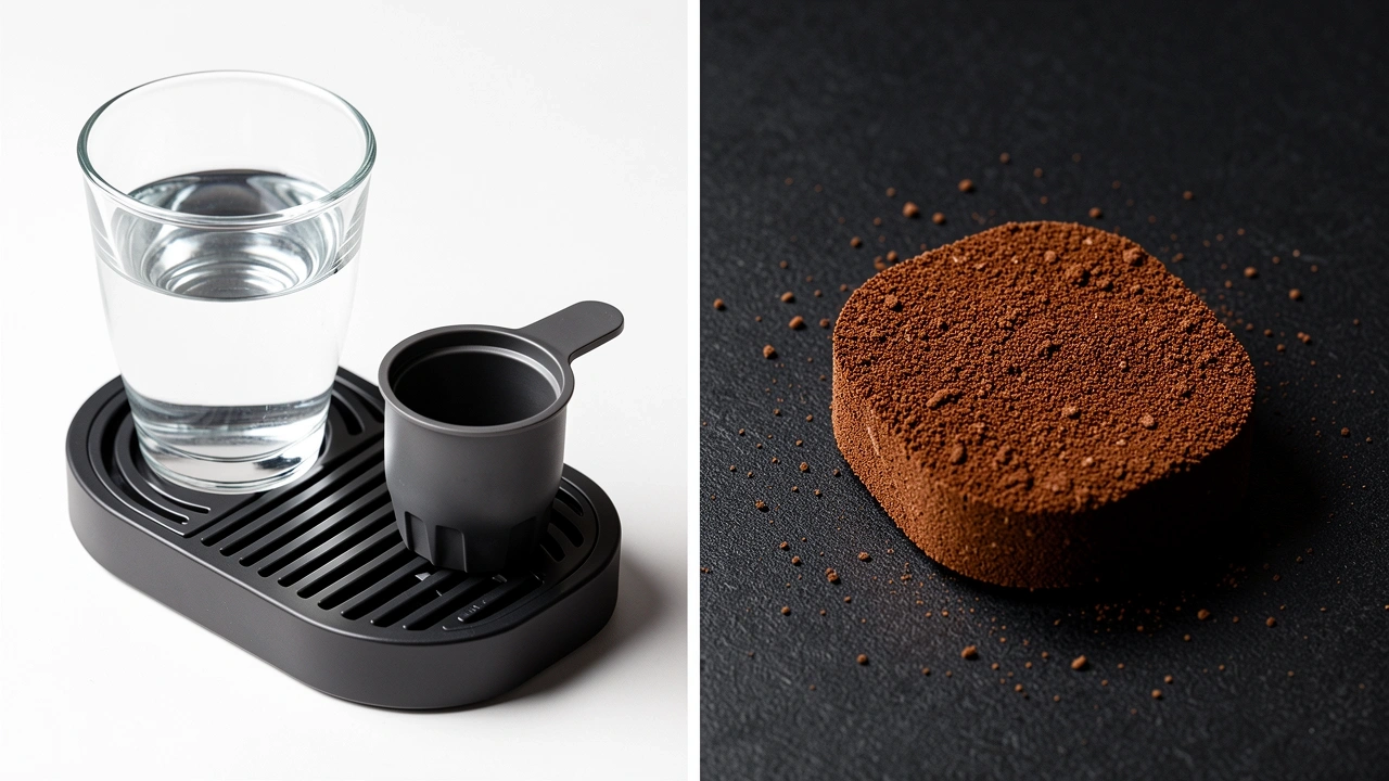 Diptych showing water test and firm dry coffee puck for reusable pod compatibility test